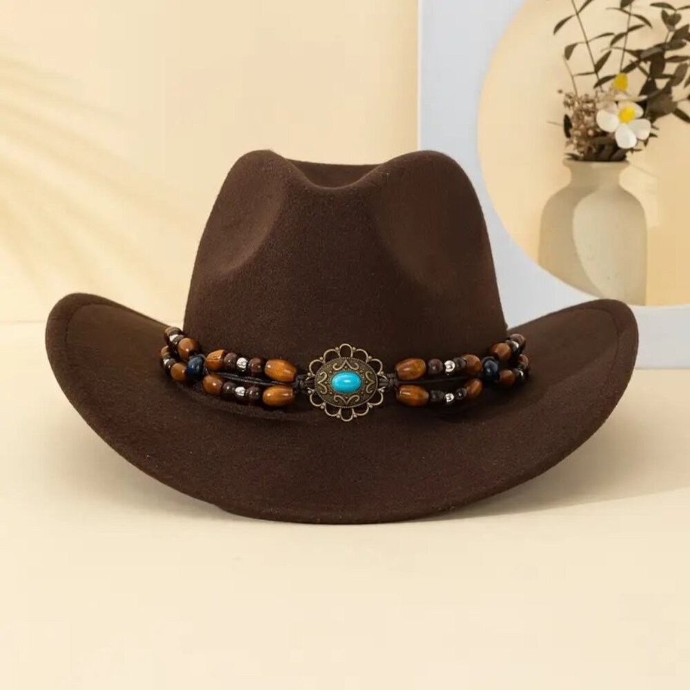 Brown Cowboy & Cowgirl Hat – Wide Brim, Turquoise Beads, Retro Western Look‎